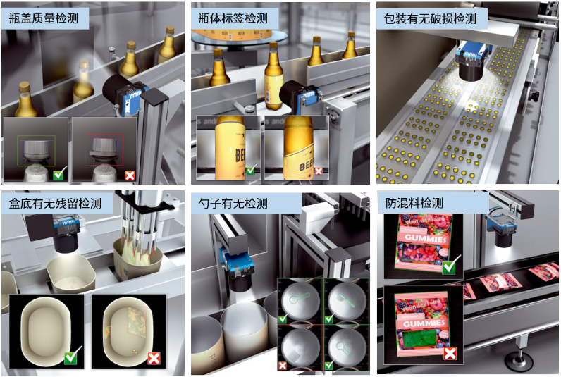 瓶蓋質(zhì)量檢測，瓶體標(biāo)簽檢測，包裝有無破損檢測，盒底有無殘留檢測，勺子有無檢測，防混料檢測.png